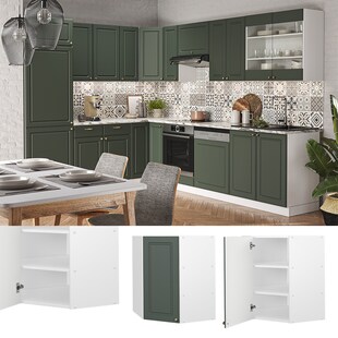 Vicco Eckhängeschrank Küchenschrank Küchenmöbel Fame-Line Weiß Grün-Gold Landhaus 57 cm Küche Einbauküche Eckküche Hängeschrank Drehtür Einlegeboden Küchenzeile 