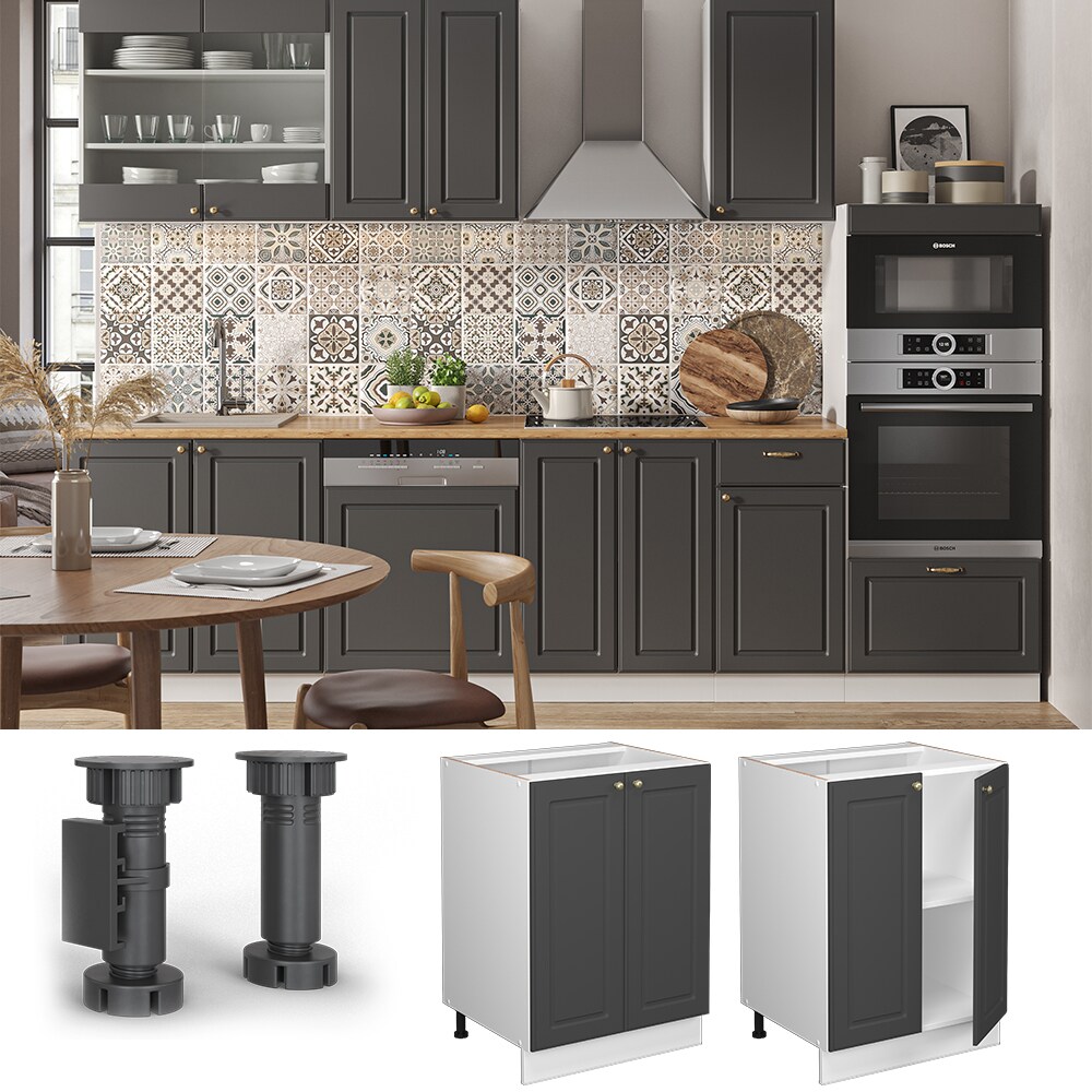 Vicco Unterschrank K&uuml;chenschrank K&uuml;chenm&ouml;bel Fame-Line Wei&szlig; Anthrazit-Gold Landhaus 60 cm K&uuml;che Einbauk&uuml;che Dreht&uuml;r Einlegeboden Blende K&uuml;chenzeile 