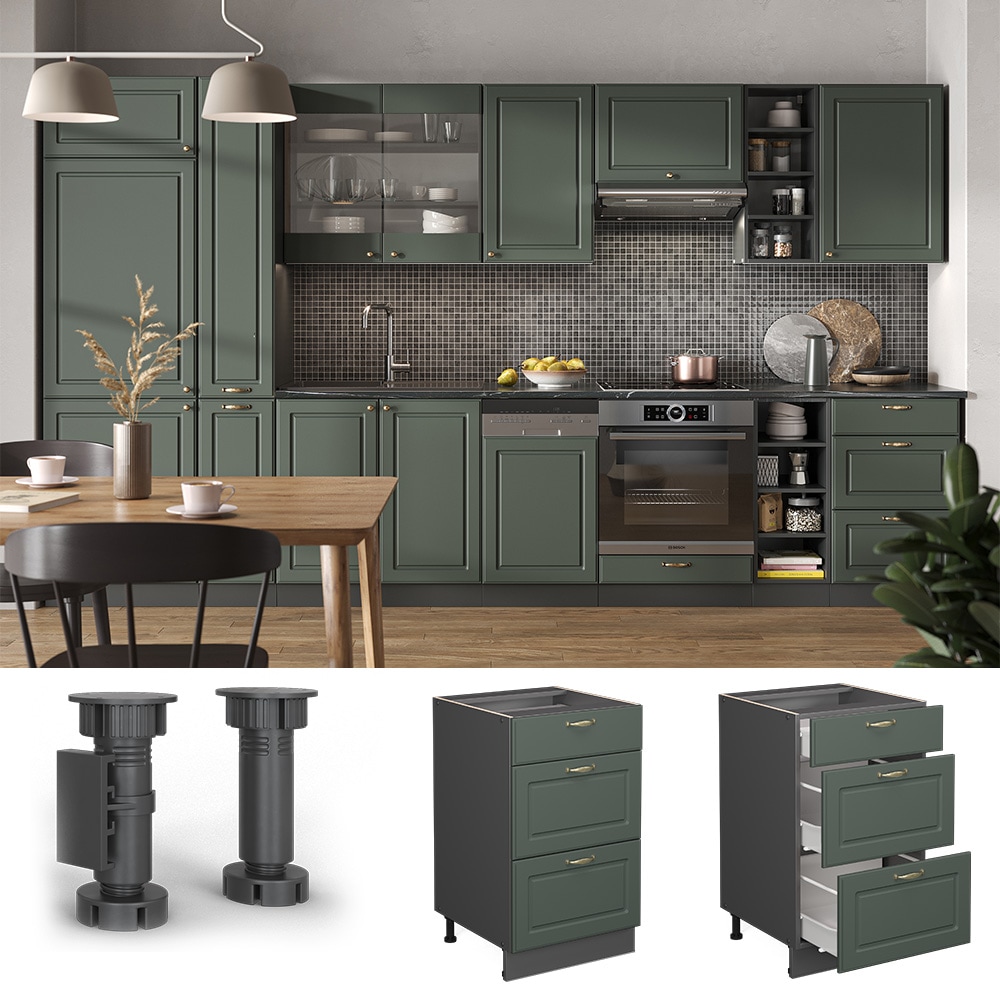 Vicco Schubunterschrank K&uuml;chenschrank K&uuml;chenm&ouml;bel Fame-Line Anthrazit Gr&uuml;n-Gold Landhaus 50 cm K&uuml;che Einbauk&uuml;che Dreht&uuml;r Blende K&uuml;chenzeile 