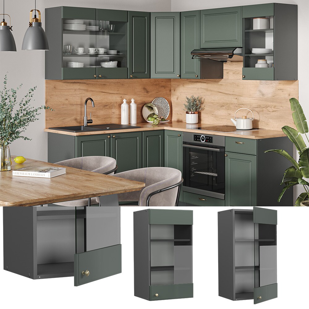 Vicco H&auml;ngeglasschrank K&uuml;chenschrank K&uuml;chenm&ouml;bel Fame-Line Anthrazit Gr&uuml;n-Gold Landhaus 40 cm K&uuml;che Einbauk&uuml;che H&auml;ngeschrank Glasschrank Dreht&uuml;r Einlegeboden K&uuml;chenzeile 