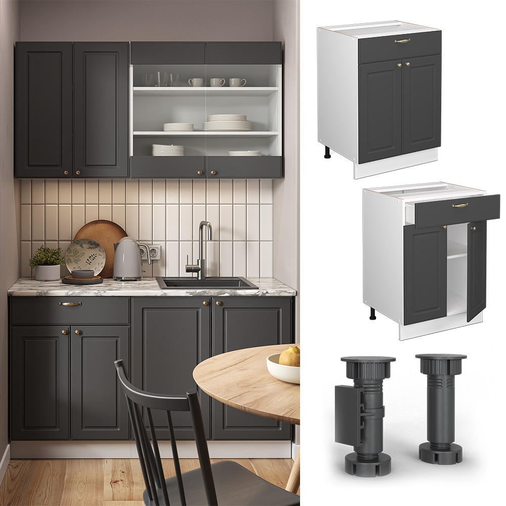 Vicco Schubunterschrank K&uuml;chenschrank K&uuml;chenm&ouml;bel Fame-Line Wei&szlig; Anthrazit-Gold Landhaus 60 cm K&uuml;che Einbauk&uuml;che Dreht&uuml;r Schublade Einlegeboden Blende K&uuml;chenzeile 