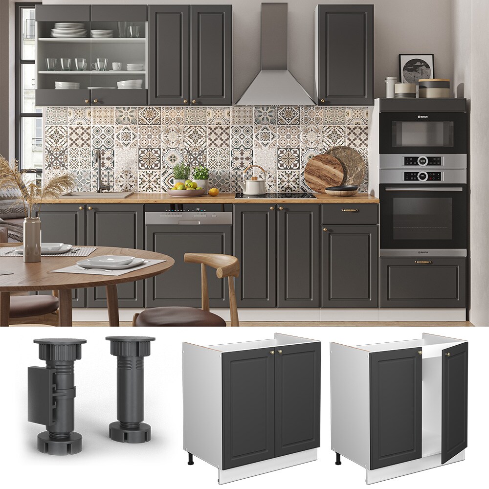 Vicco Sp&uuml;lenunterschrank K&uuml;chenschrank K&uuml;chenm&ouml;bel Fame-Line Wei&szlig; Anthrazit-Gold Landhaus 80 cm K&uuml;che Einbauk&uuml;che Dreht&uuml;r Siphonausschnitt Blende K&uuml;chenzeile 