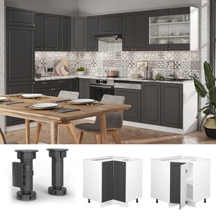 Vicco Eckunterschrank Küchenschrank Küchenmöbel Fame-Line Weiß Anthrazit-Gold Landhaus 87 cm Küche Eckküche Einbauküche Doppel-Drehtür Einlegeboden Blende Küchenzeile 