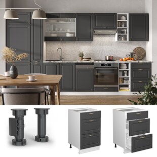 Vicco Schubunterschrank Küchenschrank Küchenmöbel Fame-Line Weiß Anthrazit-Gold Landhaus 50 cm Küche Einbauküche Drehtür Blende Küchenzeile 