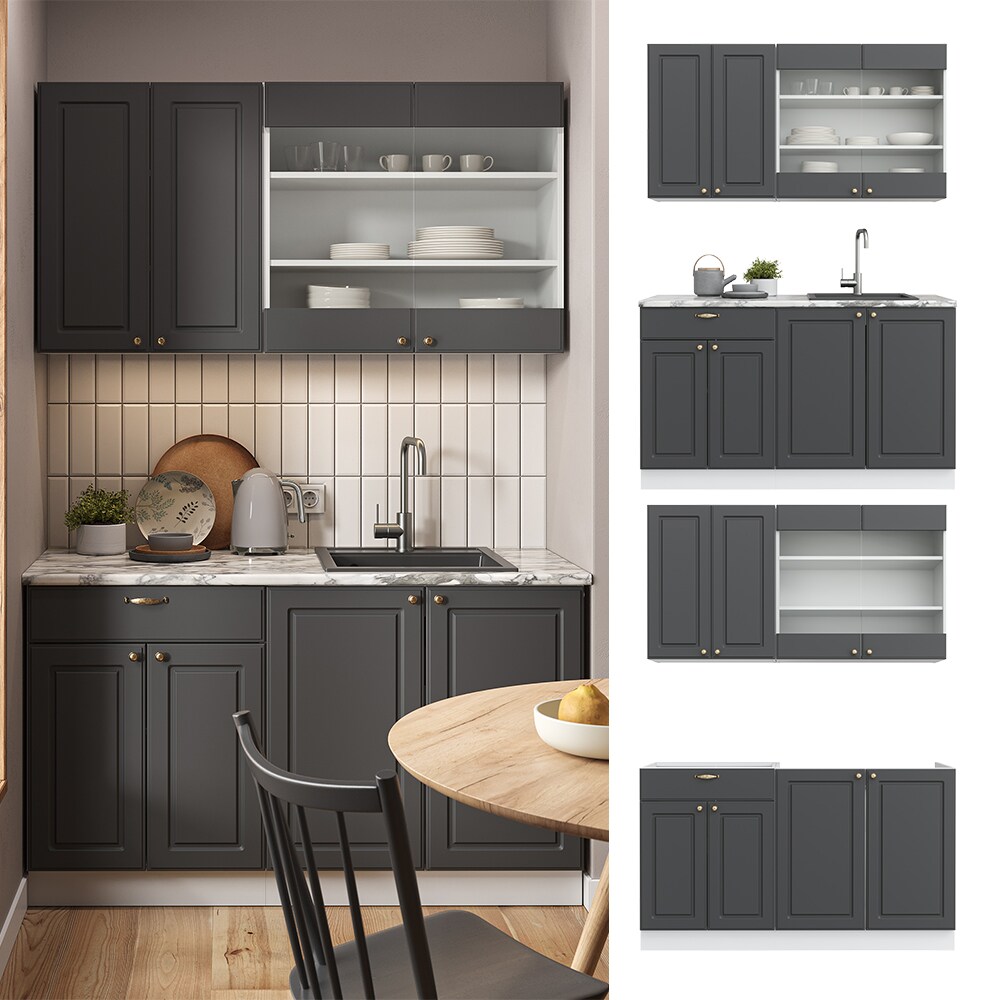 Vicco K&uuml;chenzeile K&uuml;chenblock Einbauk&uuml;che Fame-Line Single Landhaus Wei&szlig; Anthrazit Gold 140 cm modern K&uuml;chen Schr&auml;nke Sp&uuml;lenunterschrank Schubunterschrank H&auml;ngeschrank H&auml;ngeglasschrank 