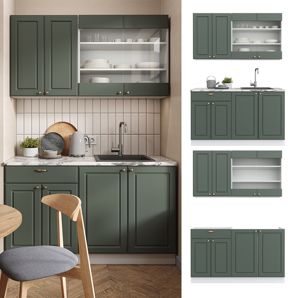 Vicco K&uuml;chenzeile K&uuml;chenblock Einbauk&uuml;che Fame-Line Single Landhaus Wei&szlig; Gr&uuml;n Gold 140 cm modern K&uuml;chen Schr&auml;nke Sp&uuml;lenunterschrank Schubunterschrank H&auml;ngeschrank H&auml;ngeglasschrank 