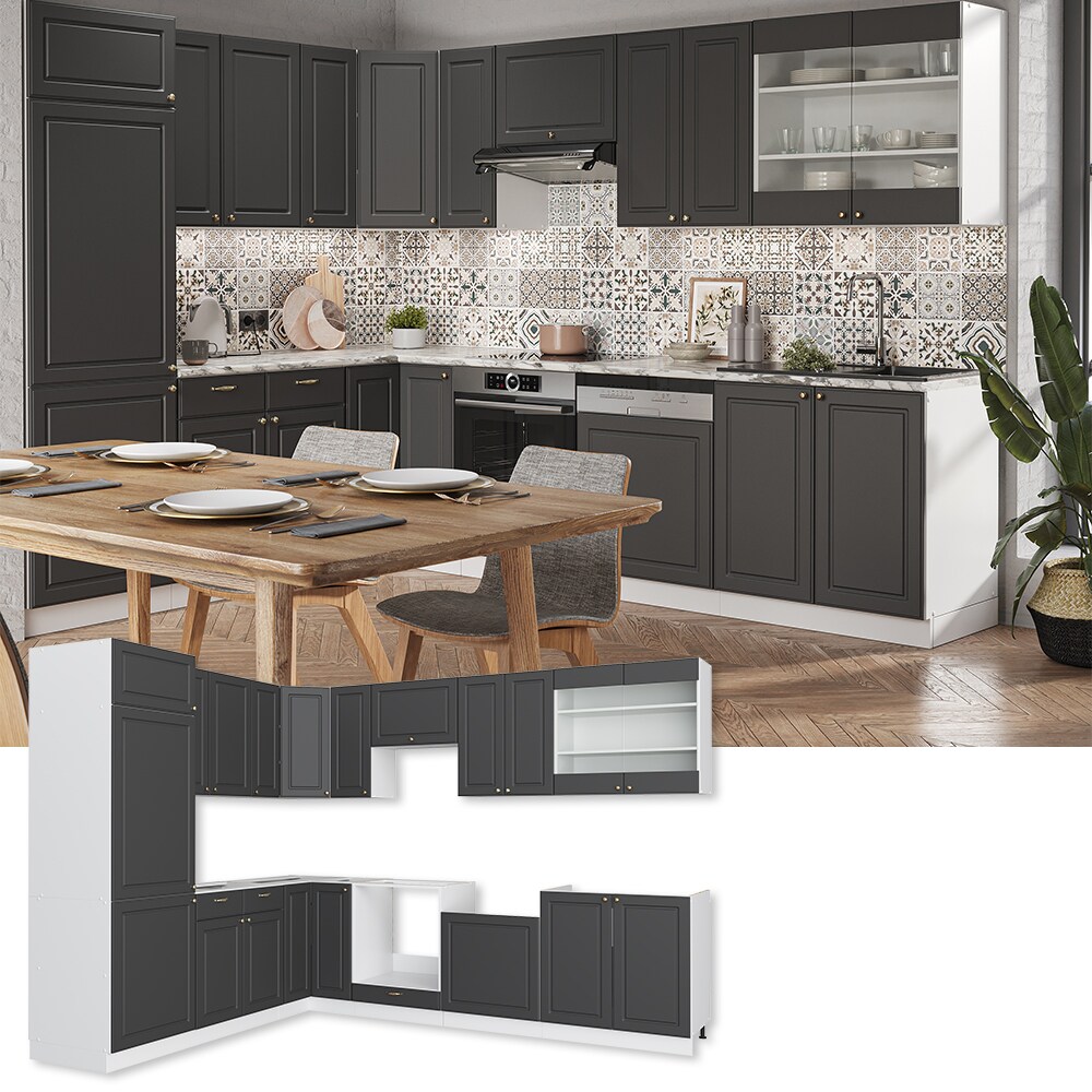 Vicco Eckk&uuml;che K&uuml;chenzeile Einbauk&uuml;che Fame-Line Landhaus Wei&szlig; Anthrazit Gold  227x287 cm Sp&uuml;lenunterschrank Schubunterschrank Eckunterschrank Herdumbauschrank H&auml;ngeschrank K&uuml;hlumbauschrank 