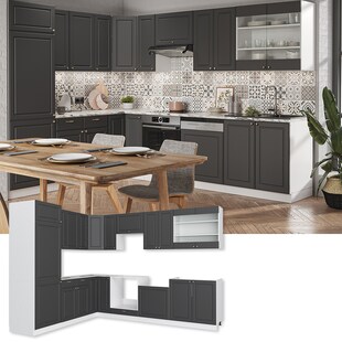 Vicco Eckküche Küchenzeile Einbauküche Fame-Line Landhaus Weiß Anthrazit Gold  227x287 cm Spülenunterschrank Schubunterschrank Eckunterschrank Herdumbauschrank Hängeschrank Kühlumbauschrank 