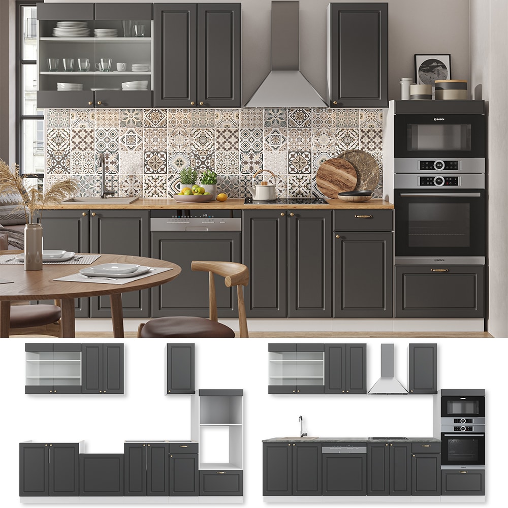 Vicco K&uuml;chenzeile K&uuml;chenblock Einbauk&uuml;che Fame-Line Landhaus Wei&szlig; Anthrazit Gold 300 cm Schubunterschrank Unterschrank Sp&uuml;lenunterschrank H&auml;ngeschrank Mikrowellenschrank Geschirrsp&uuml;lerblende 