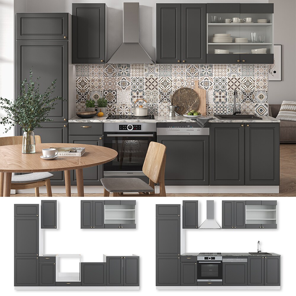 Vicco K&uuml;chenzeile K&uuml;chenblock Einbauk&uuml;che Fame-Line Landhaus Wei&szlig; Anthrazit Gold 300 cm Schubunterschrank Herdumbauschrank Sp&uuml;lenunterschrank H&auml;ngeschrank K&uuml;hlumbauschrank Geschirrsp&uuml;lerblende 