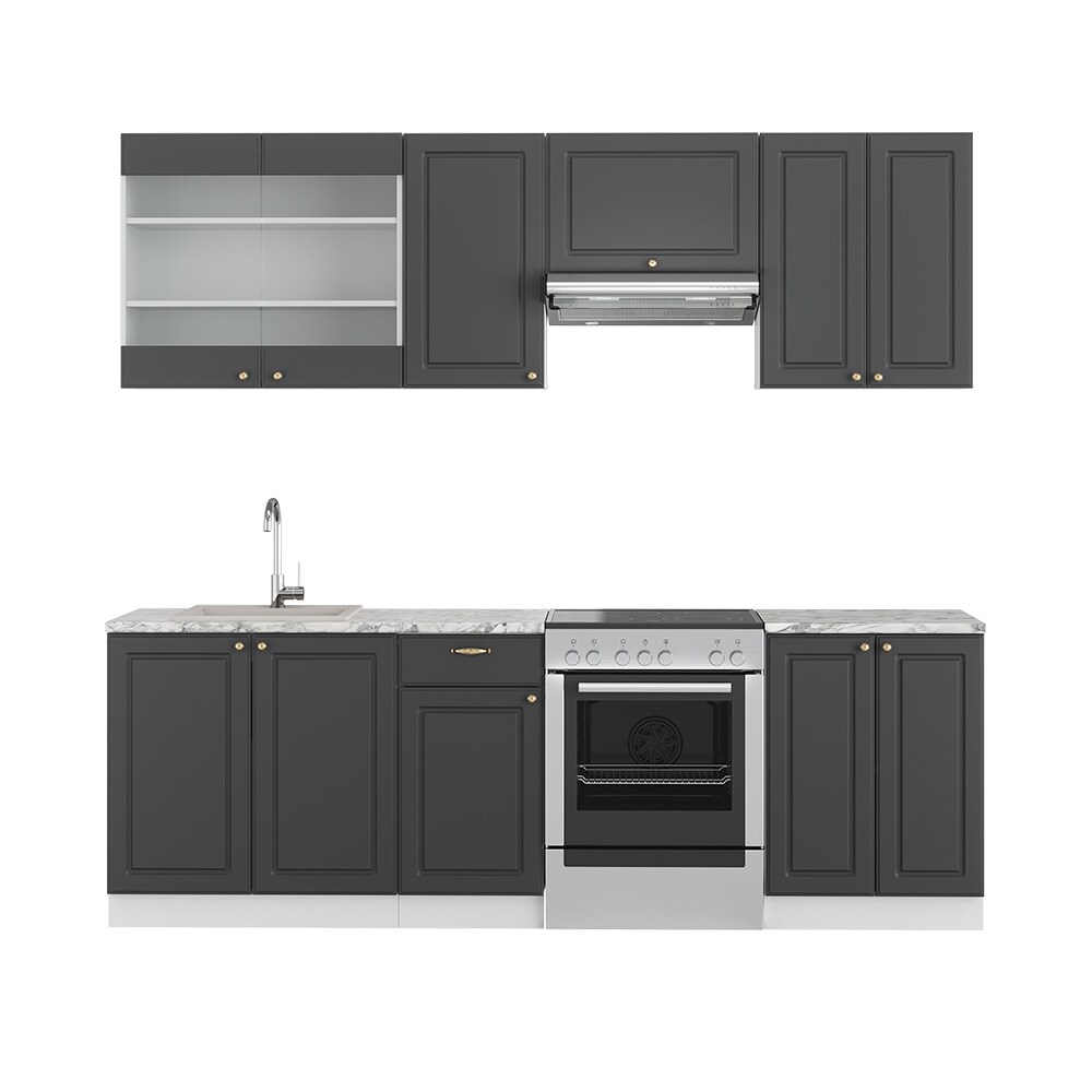 Vicco K&uuml;chenzeile K&uuml;chenblock Einbauk&uuml;che Fame-Line Landhaus Wei&szlig; Anthrazit Gold 240 cm K&uuml;chen Schr&auml;nke Sp&uuml;lenunterschrank Schubunterschrank H&auml;ngeschrank H&auml;ngeglasschrank 