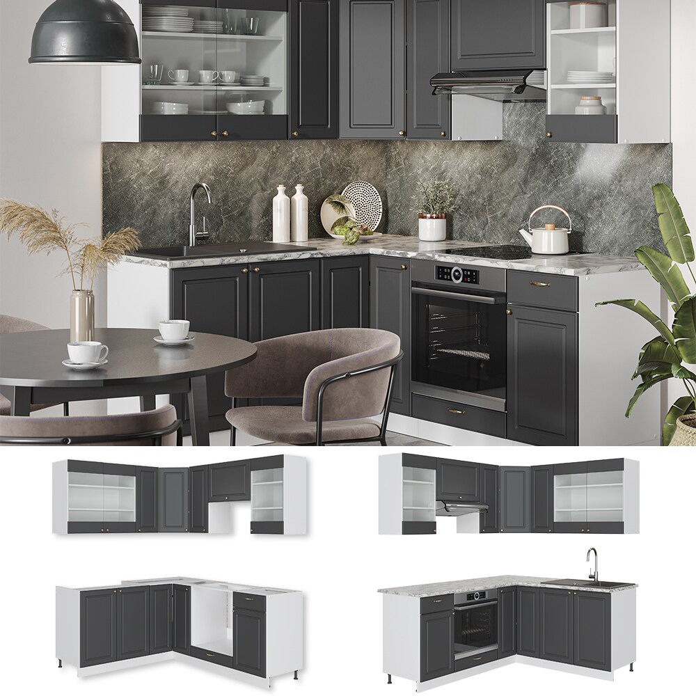 Vicco Eckk&uuml;che K&uuml;chenzeile Einbauk&uuml;che Fame-Line Landhaus Wei&szlig; Anthrazit Gold 190 cm Schubunterschrank Sp&uuml;lenunterschrank Eckunterschrank Herdumbauschrank H&auml;ngeglasschrank H&auml;ngeschrank 