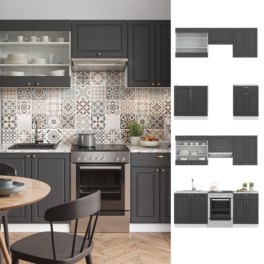 Vicco K&uuml;chenzeile K&uuml;chenblock Einbauk&uuml;che Fame-Line Landhaus Wei&szlig; Anthrazit Gold 200 cm K&uuml;chen Schr&auml;nke Schubunterschrank Sp&uuml;lenunterschrank H&auml;ngeschrank H&auml;ngeglasschrank 