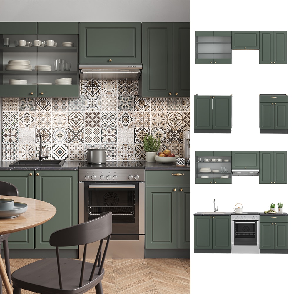 Vicco - Cuisine Fame-Line, Vert et or campagne/anthracite, 200 cm sans plan de travail