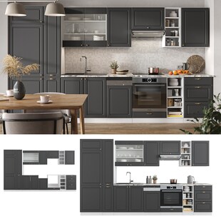 Vicco Küchenzeile Küchenblock Einbauküche Fame-Line Landhaus Weiß Anthrazit Gold 355 cm Spülenunterschrank Herdumbauschrank Schubunterschrank Hängeschrank Kühlumbauschrank Apothekerhochschrank 