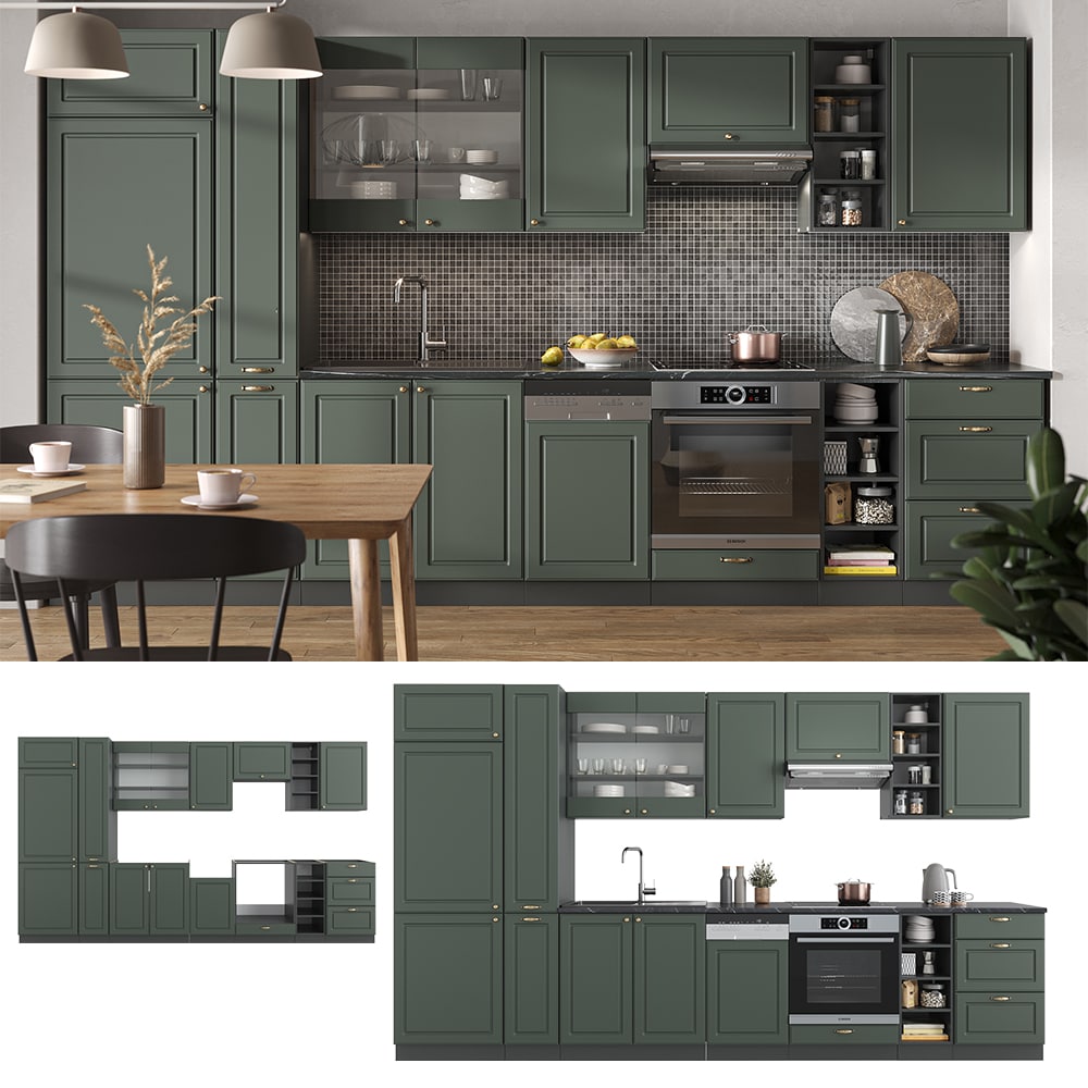 Vicco - Cuisine Fame-Line, Vert et or campagne/anthracite, 355 cm sans plan de travail