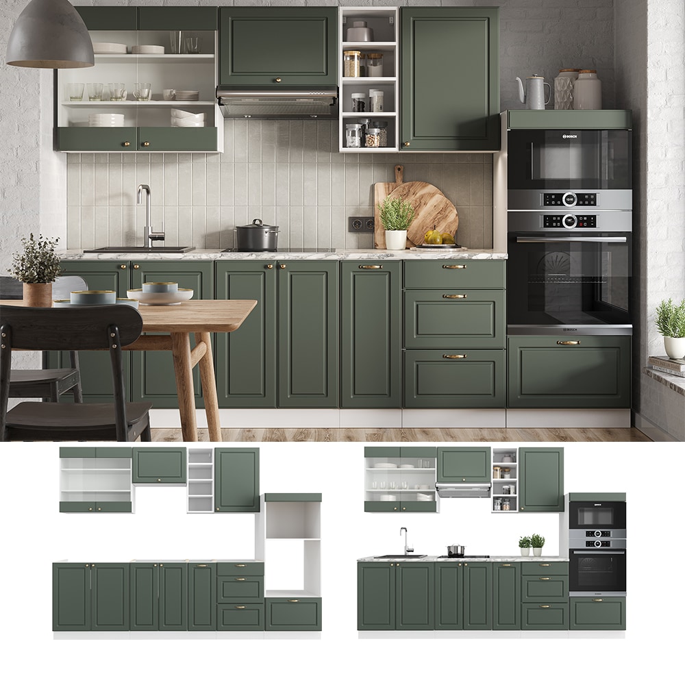 Vicco - Cuisine Fame-Line, Vert-Or Landhaus/Blanc, 280 cm sans plan de travail