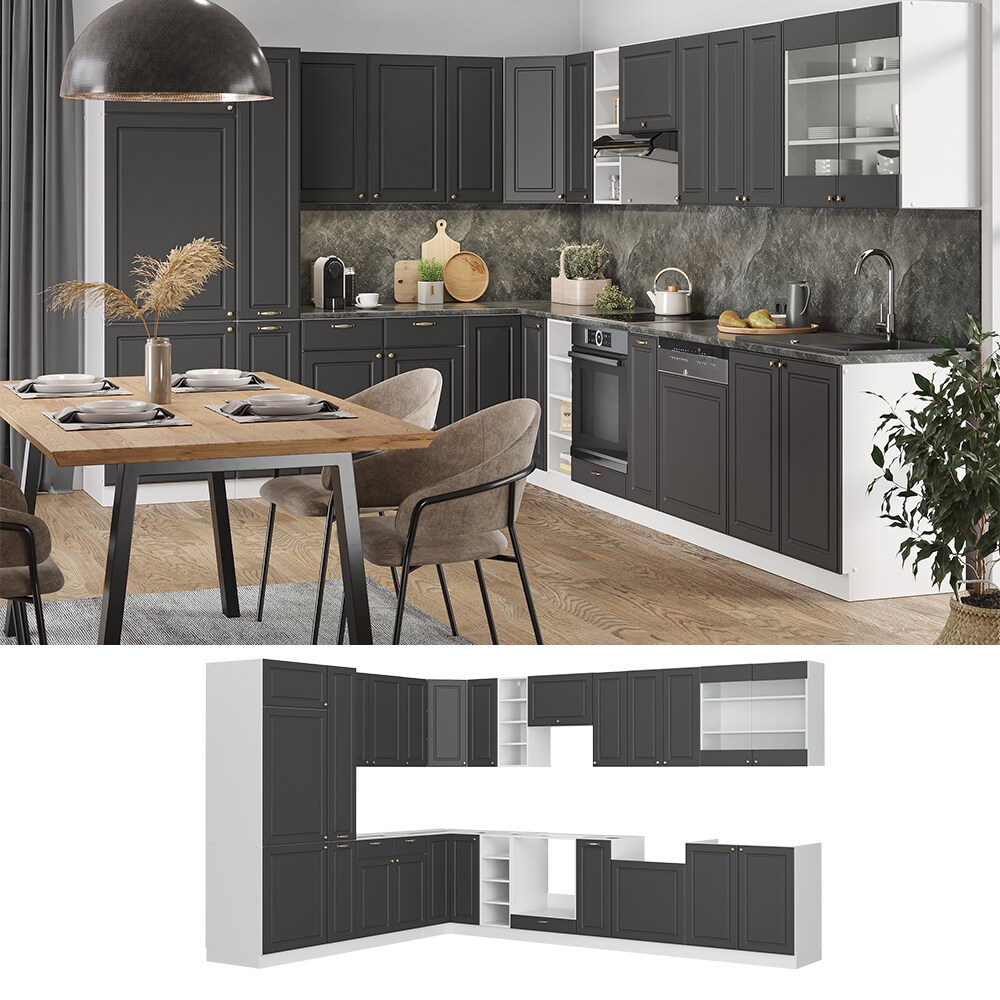 Vicco Eckk&uuml;che K&uuml;chenzeile Einbauk&uuml;che Fame-Line Landhaus Wei&szlig; Anthrazit Gold 257x347 Sp&uuml;lenunterschrank Unterschrank Herdumbauschrank H&auml;ngeschrank K&uuml;hlumbauschrank Apothekerhochschrank Blende 