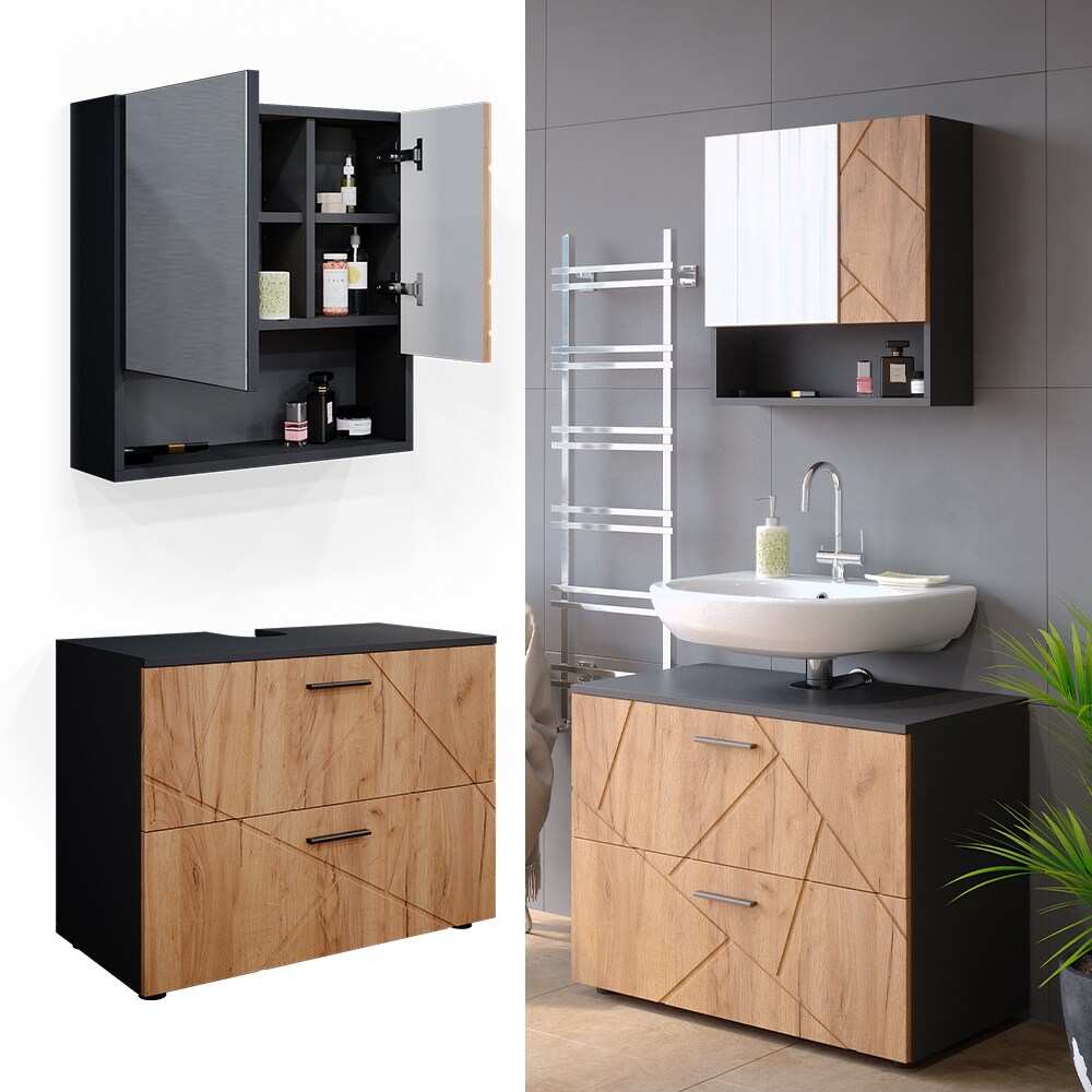 Vicco Badm&ouml;belset Waschtischunterschrank Spiegelschrank Irma Anthrazit Eiche Badm&ouml;bel 