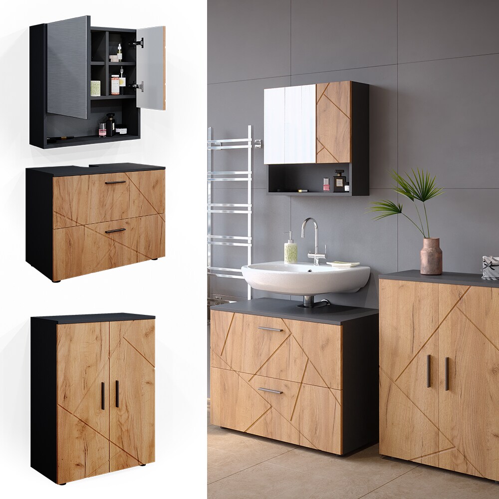Vicco Badm&ouml;belset Unterschrank Spiegelschrank Badschrank Irma Anthrazit Eiche Badm&ouml;bel 