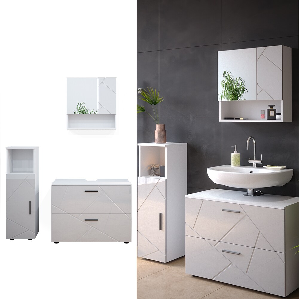 Vicco - Ensemble de meubles de salle de bain Irma, Blanc Haute brillance, 3 pièces, avec armoire centrale