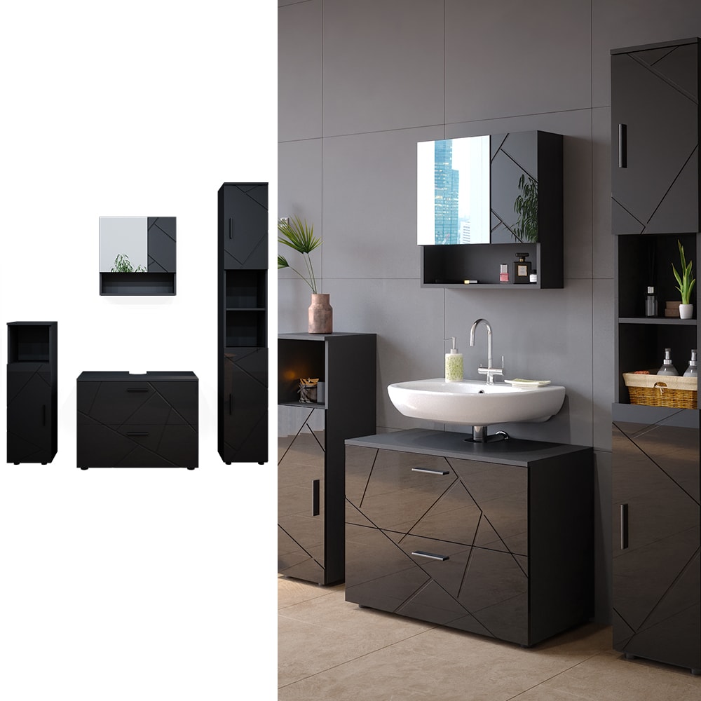 Vicco - Ensemble de meubles de salle de bain Irma, Anthracite Haute brillance, 4 pièces, avec armoire à tiroirs et armoire haute