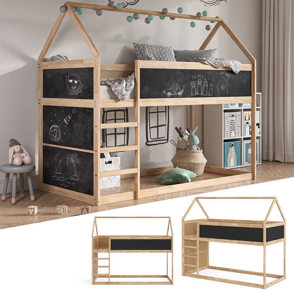 VitaliSpa Kinderstockbett Doppelstockbett Etagenbett Pinocchio Natur Anthrazit modern 205x175 cm Kinderzimmer Rausfallschutz Massivholz Lattenrost Kreidetafel Tafelbett 