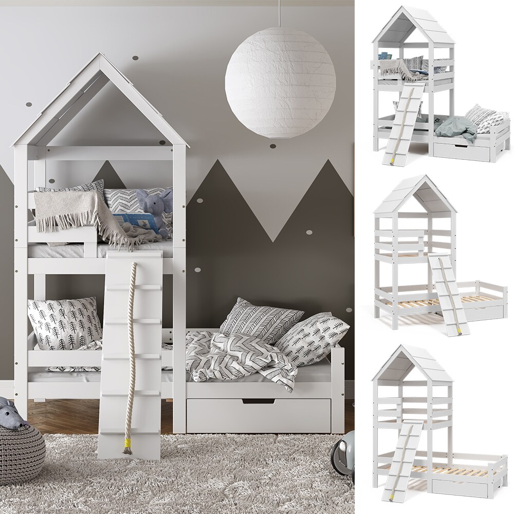 VitaliSpa Spielturmbett Kinderbett Spielbett Teddy Wei&szlig; modern 208x235 cm Massivholz Kinderzimmer Lattenrost Bett Schublade Abenteuerbett Kletterbett 