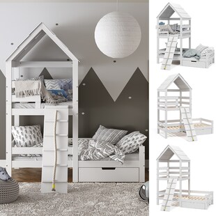 VitaliSpa Spielturmbett Kinderbett Spielbett Teddy Weiß modern 208x235 cm Massivholz Kinderzimmer Lattenrost Bett Schublade Abenteuerbett Kletterbett 