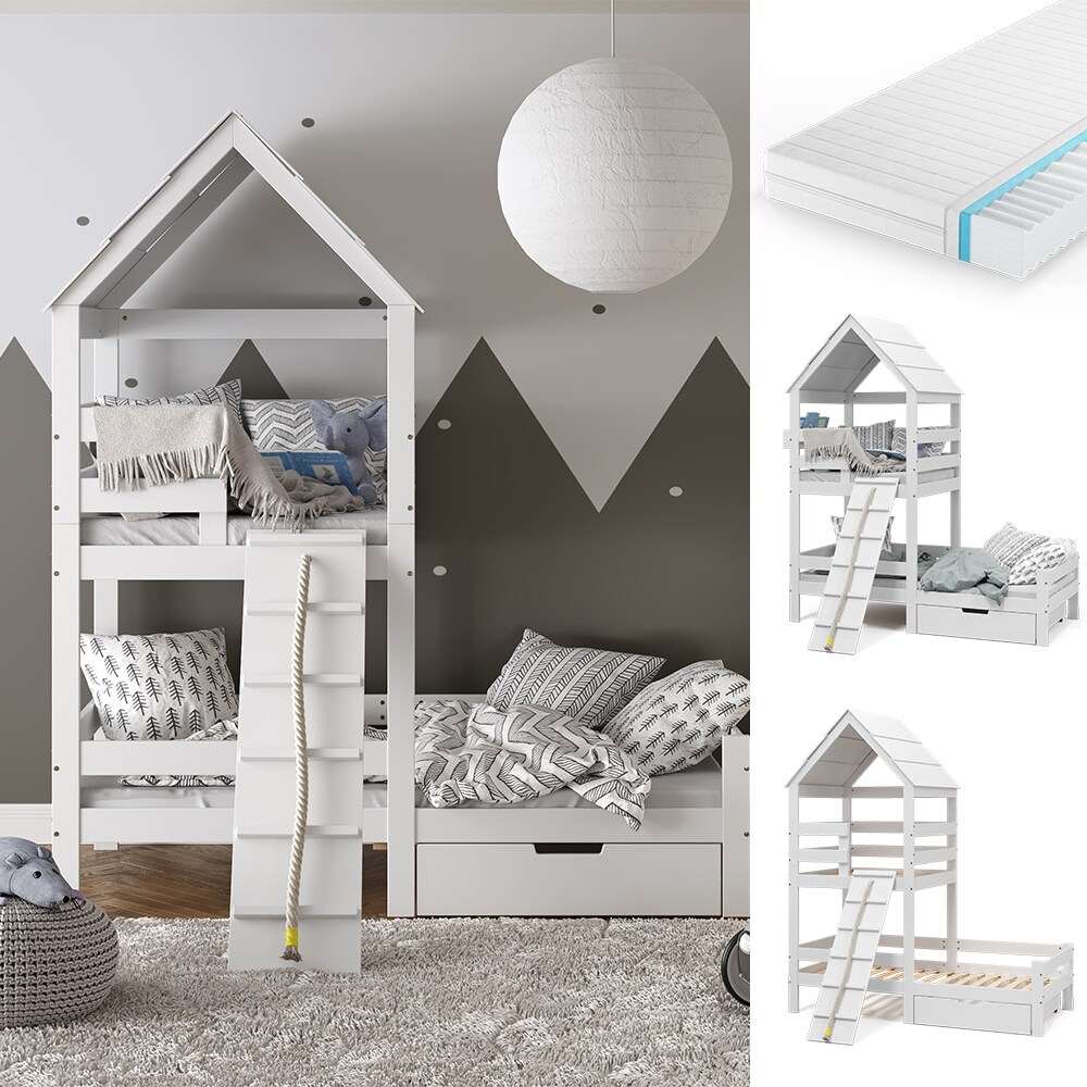 VitaliSpa Spielturmbett Kinderbett Spielbett Teddy Wei&szlig; modern 208x235 cm Massivholz Kinderzimmer Lattenrost Bett Schublade Matratze Abenteuerbett Kletterbett 