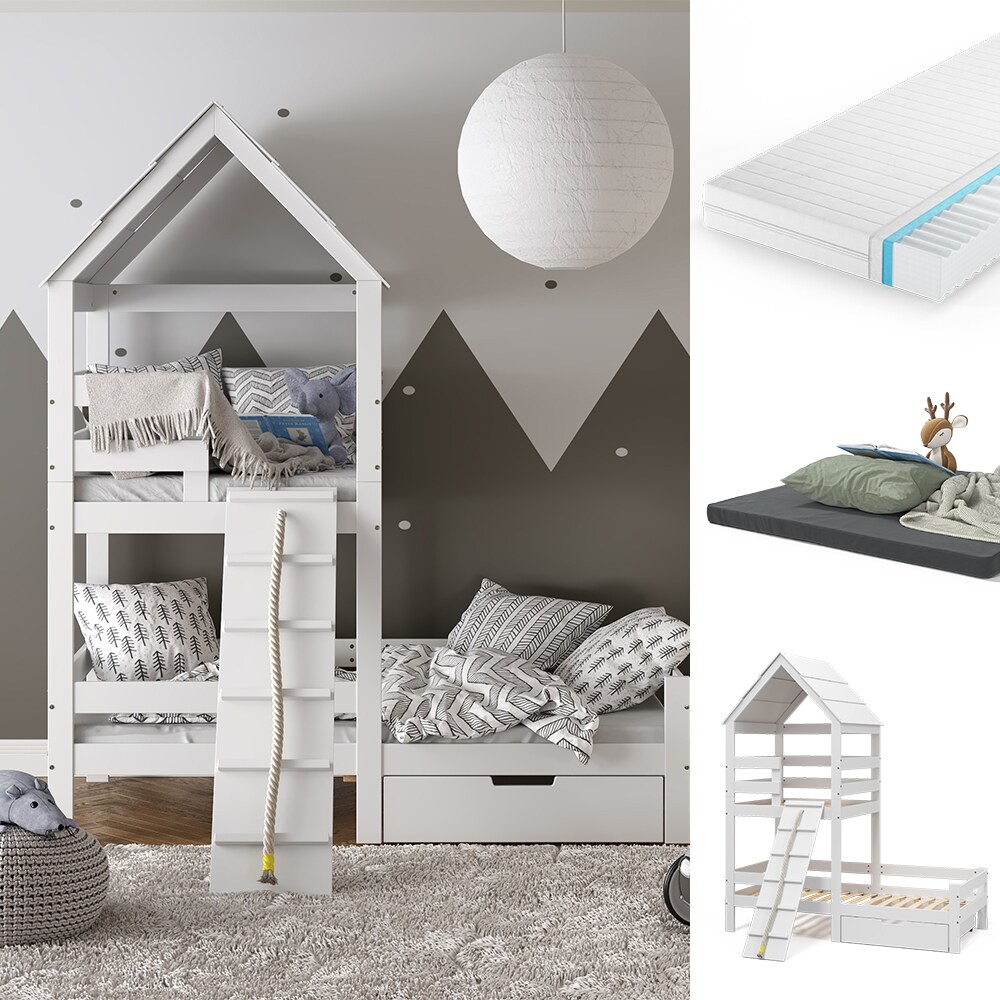 VitaliSpa Spielturmbett Kinderbett Spielbett Teddy Wei&szlig; modern 208x235 cm Massivholz Kinderzimmer Lattenrost Bett Schublade Matratze Abenteuerbett Kletterbett 