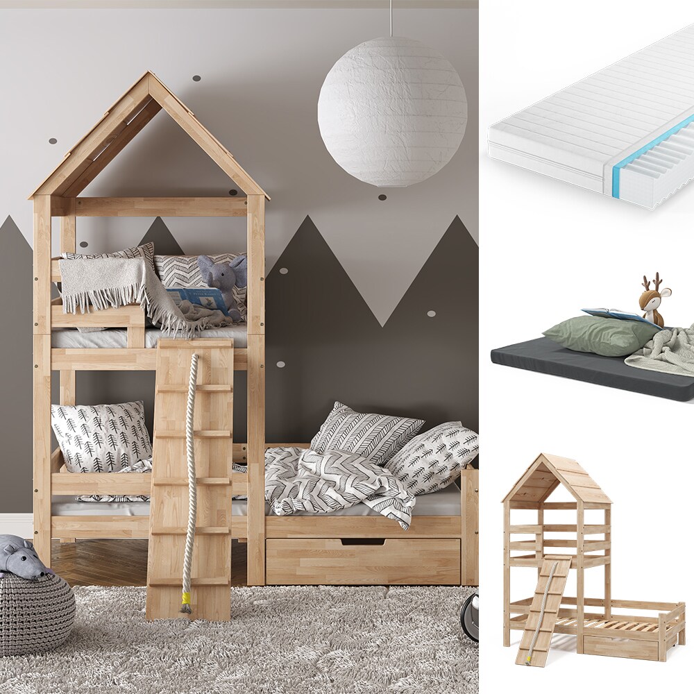 VitaliSpa Spielturmbett Kinderbett Spielbett Teddy Natur modern 208x235 cm Massivholz Kinderzimmer Lattenrost Bett Schublade Matratze Abenteuerbett Kletterbett 