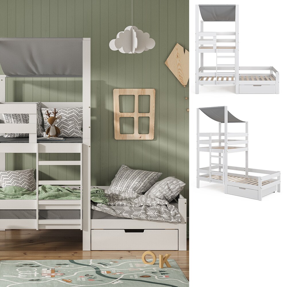 VitaliSpa Spielturmbett Kinderbett Spielbett Tom Wei&szlig; modern 204x218 cm Massivholz Kinderzimmer Lattenrost Bettleiter Matratze Abenteuerbett Kletterbett 