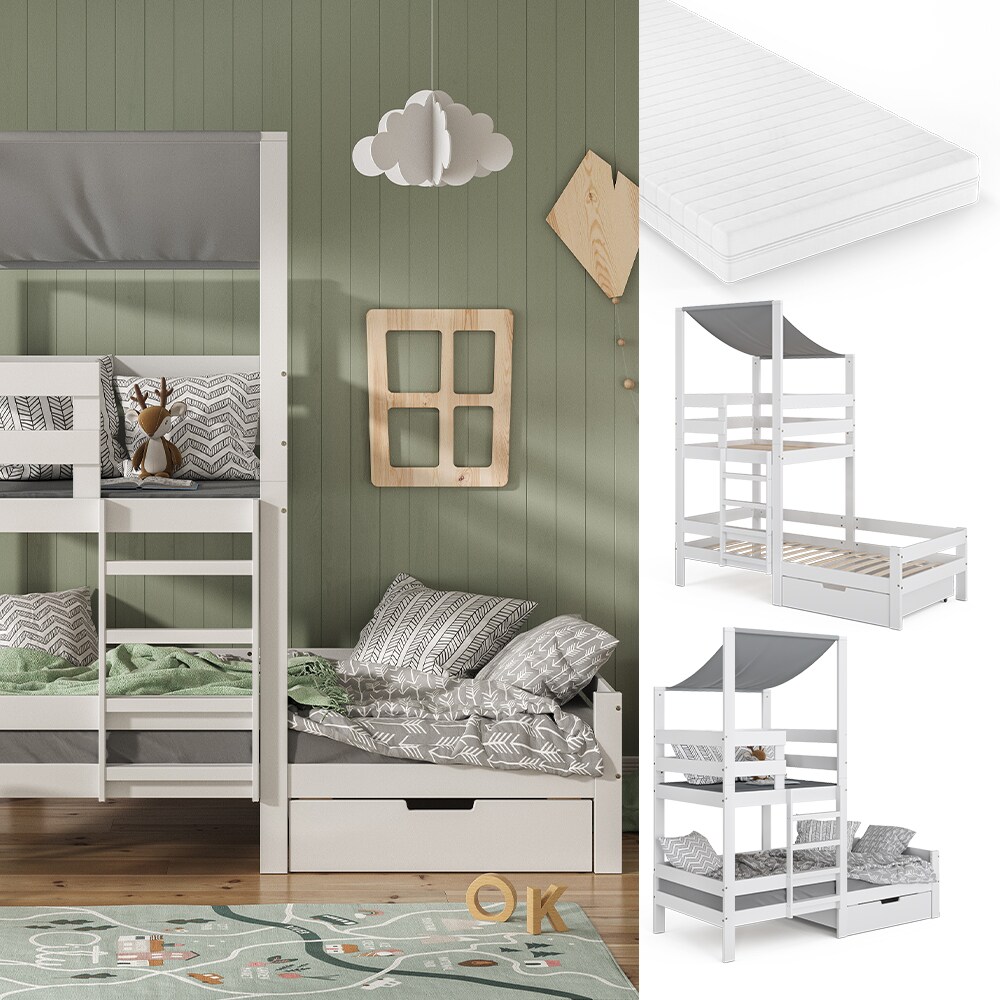 VitaliSpa Spielturmbett Kinderbett Spielbett Tom Wei&szlig; modern 204x218 cm Massivholz Kinderzimmer Lattenrost Bettleiter Bett Schublade Matratze Abenteuerbett Kletterbett 