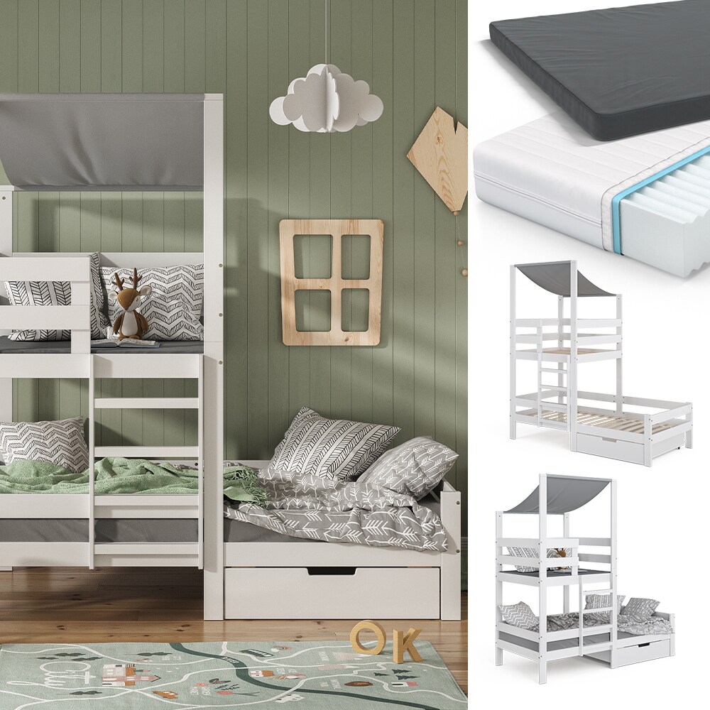 VitaliSpa Spielturmbett Kinderbett Spielbett Tom Wei&szlig; modern 204x218 cm Massivholz Kinderzimmer Lattenrost Bettleiter Bett Schublade Matratze Abenteuerbett Kletterbett 