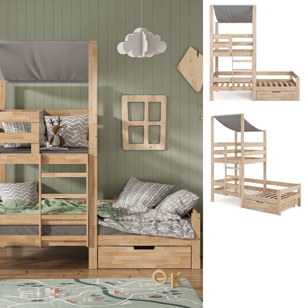 VitaliSpa Spielturmbett Kinderbett Spielbett Tom Natur modern 204x218 cm Massivholz Kinderzimmer Lattenrost Bettleiter Bett Schublade Abenteuerbett Kletterbett 