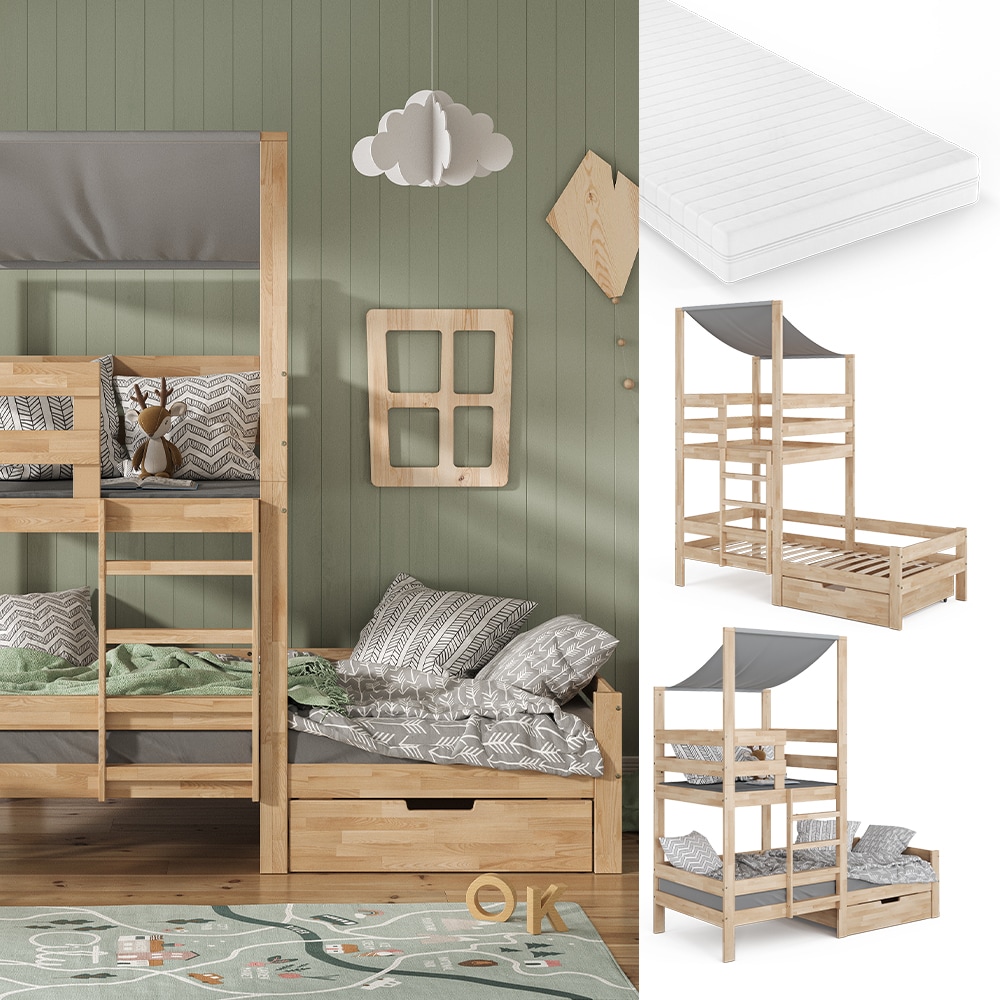VitaliSpa Spielturmbett Kinderbett Spielbett Tom Natur modern 204x218 cm Massivholz Kinderzimmer Lattenrost Bettleiter Bett Schublade Matratze Abenteuerbett Kletterbett 