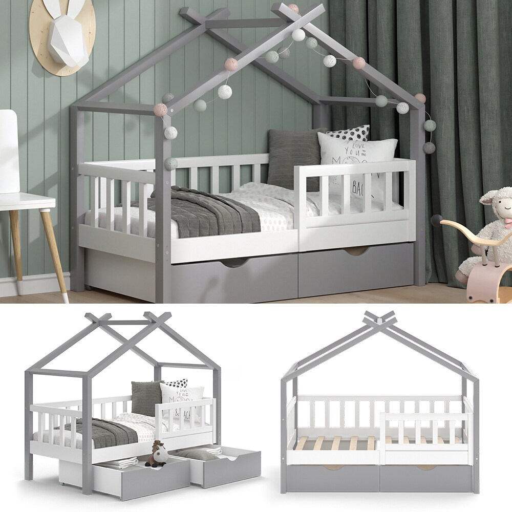 VitaliSpa Kinderbett Hausbett Einzelbett Design Wei&szlig; Grau modern 70x140 cm Kinderzimmer Bett Massivholz Lattenrost Schublade Rausfallschutz Schubladenbett 
