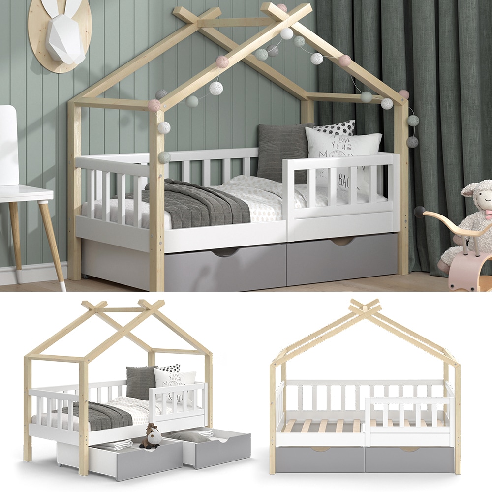 VitaliSpa Kinderbett Hausbett Einzelbett Design Wei&szlig; Grau Natur modern 70x140 cm Kinderzimmer Bett Massivholz Lattenrost Schublade Rausfallschutz Schubladenbett 