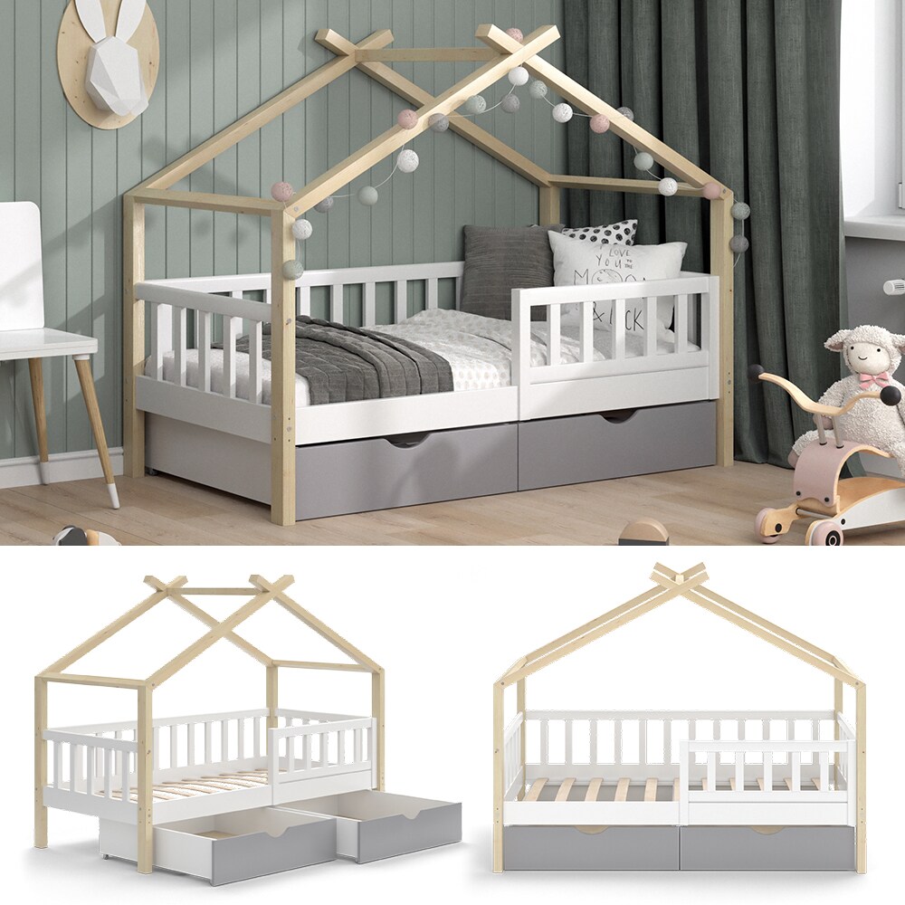 VitaliSpa Kinderbett Hausbett Einzelbett Design Wei&szlig; Grau Natur modern 80x160 cm Kinderzimmer Bett Massivholz Lattenrost Schublade Rausfallschutz Schubladenbett 