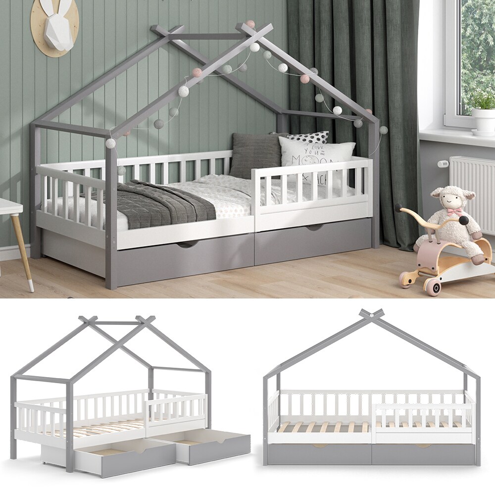 VitaliSpa Kinderbett Hausbett Einzelbett Design Wei&szlig; Grau modern 90x200 cm Kinderzimmer Bett Massivholz Lattenrost Schublade Rausfallschutz Schubladenbett 