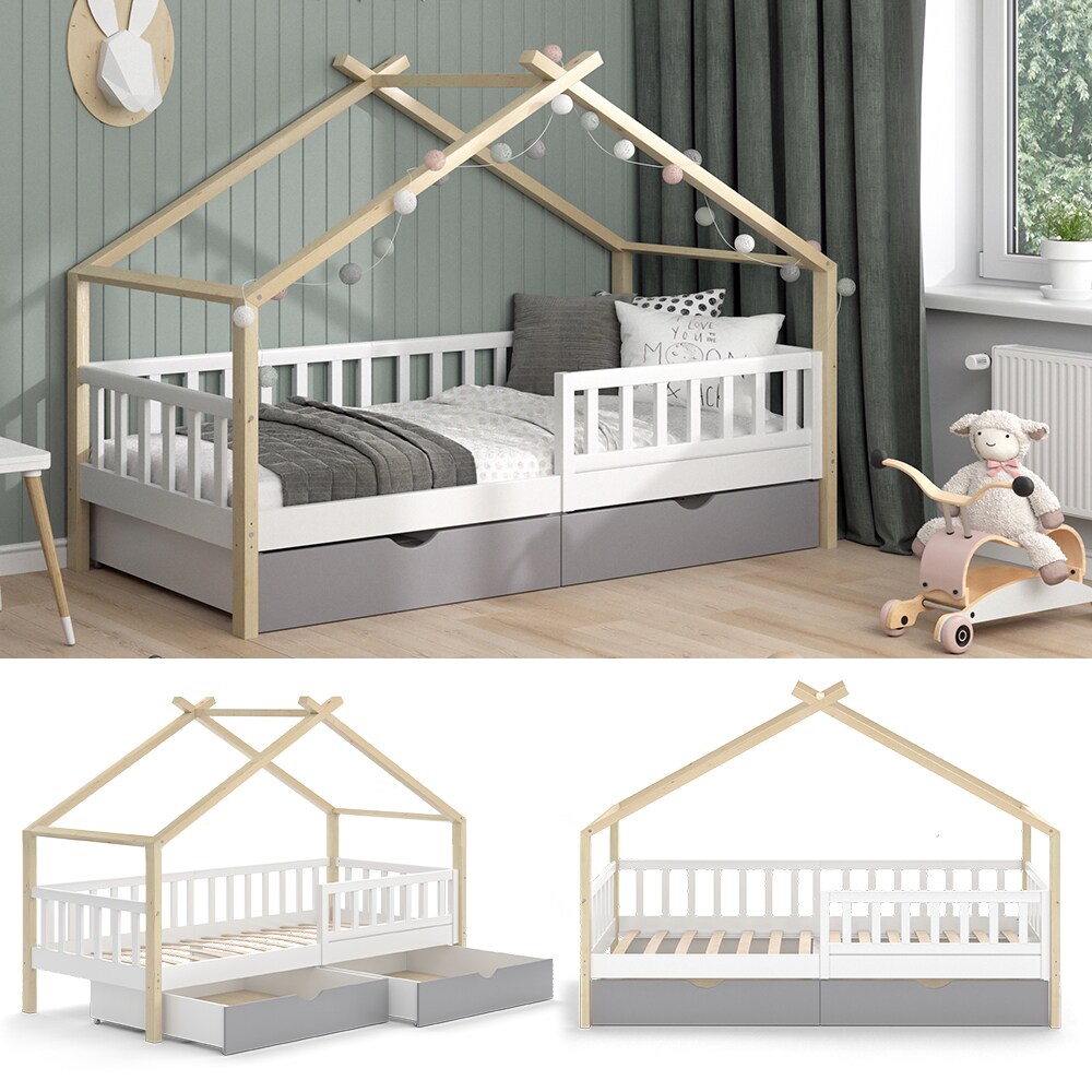 VitaliSpa Kinderbett Hausbett Einzelbett Design Wei&szlig; Grau Natur modern 90x200 cm Kinderzimmer Bett Massivholz Lattenrost Schublade Rausfallschutz Schubladenbett 