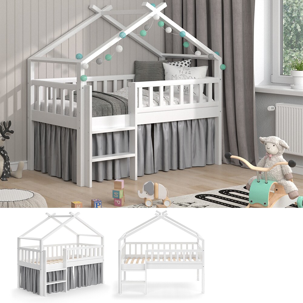 VitaliSpa Kinderbett Bettenhaus Einzelbett Adis Wei&szlig; modern 168x158 cm Kinderzimmer Rausfallschutz Massivholz Lattenrost Bettleiter Hausbett Hochbett 