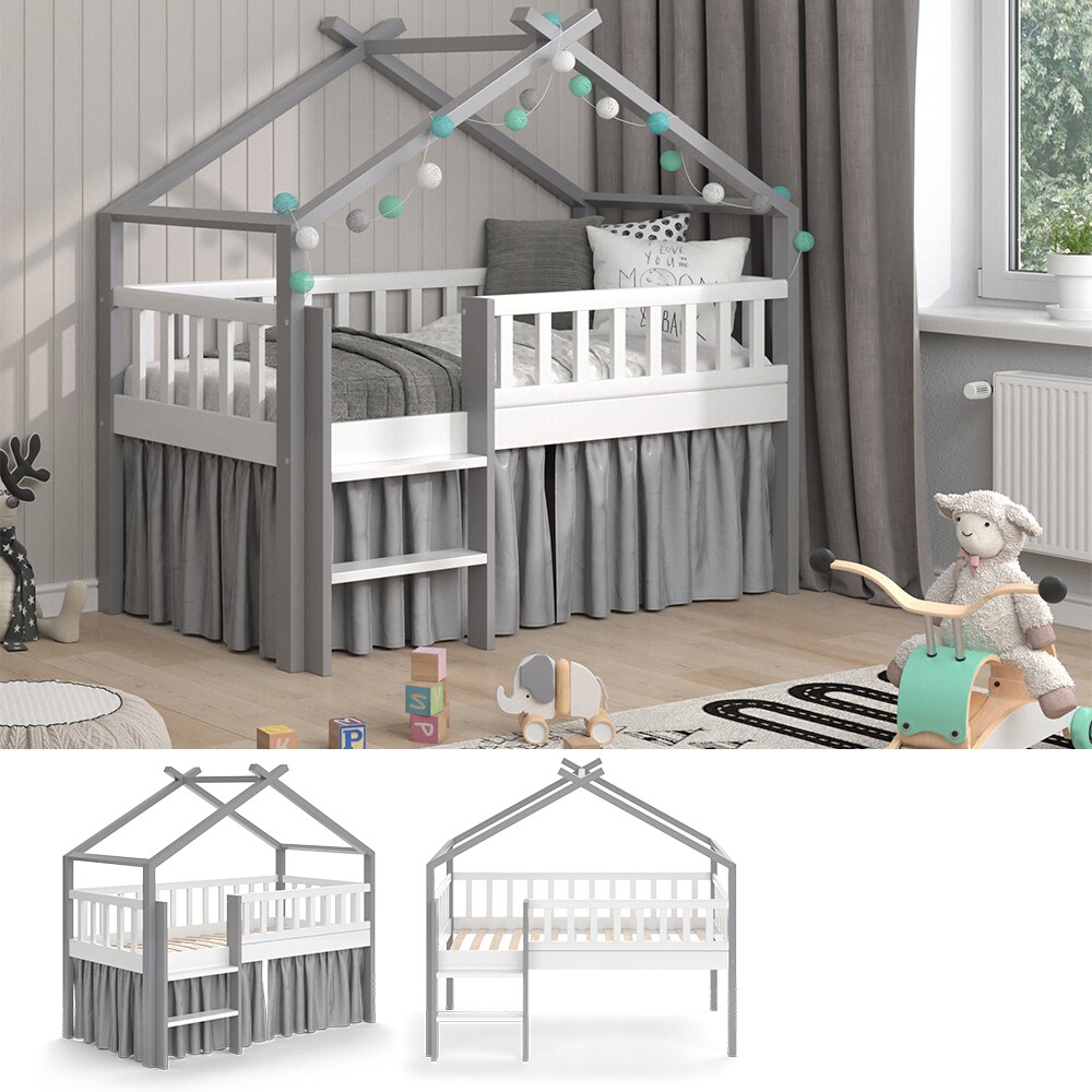 VitaliSpa Kinderbett Bettenhaus Einzelbett Adis Wei&szlig; Grau modern 168x158 cm Kinderzimmer Rausfallschutz Massivholz Lattenrost Bettleiter Hausbett Hochbett 