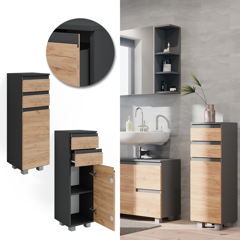 Vicco Midischrank Badschrank Badezimmerm&ouml;bel J-shape Anthrazit Eiche modern 30x95cm Badezimmer Schrank Badm&ouml;bel Schrankt&uuml;r Schrankschublade Schrankfach Ablage Aufbewahrung 
