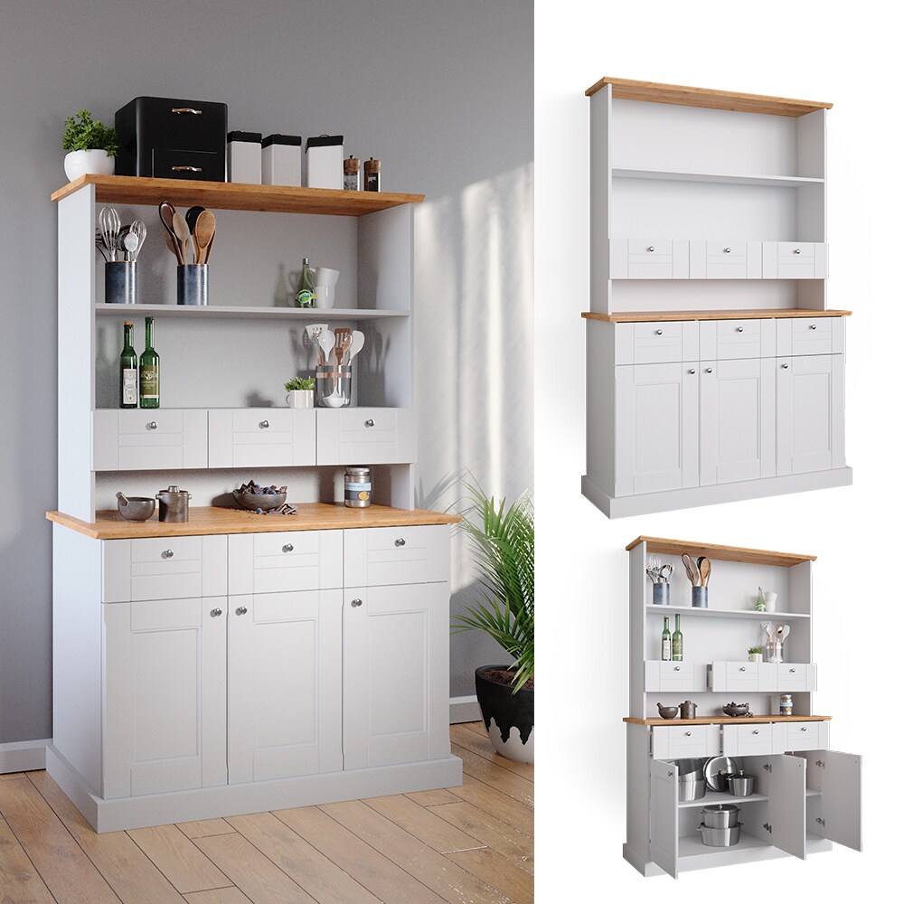 Vicco K&uuml;chenvitrine Sideboard K&uuml;chenregal Bergamo Wei&szlig; Eiche K&uuml;chen Schrank 121x87 cm Vintage Ablage Schublade Schrankt&uuml;r Anrichte K&uuml;chenm&ouml;bel 