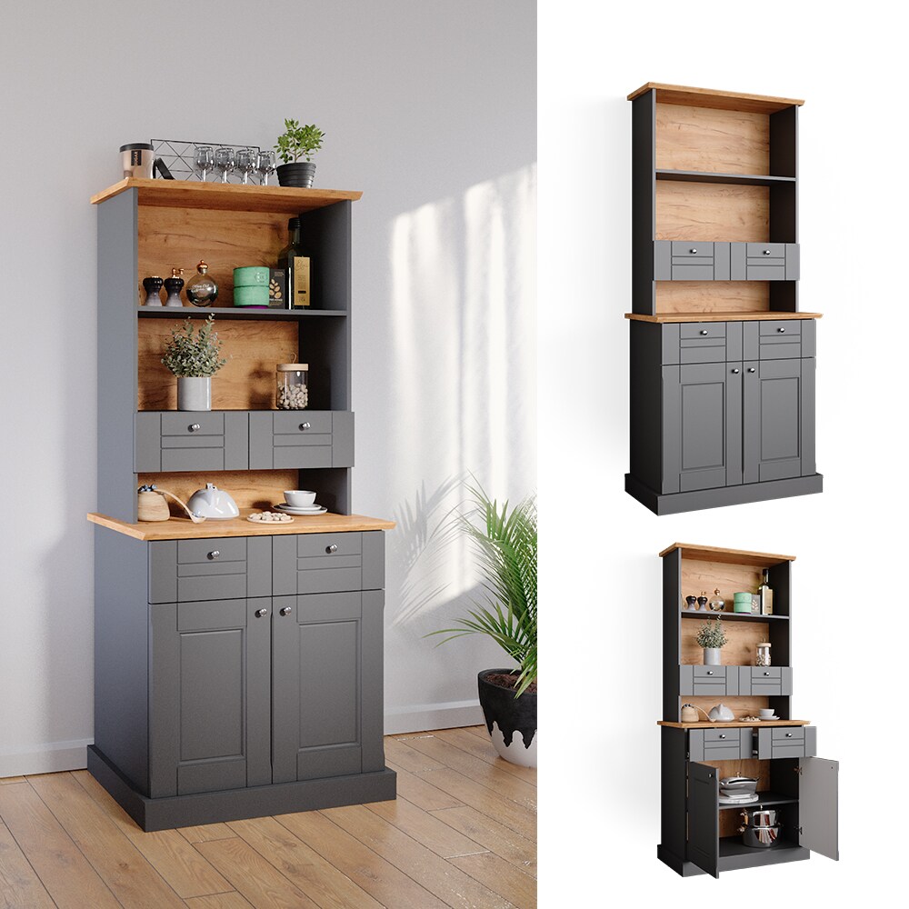 Vicco K&uuml;chenvitrine Kommode K&uuml;chenregal Bergamo Grau Eiche K&uuml;chen Schrank 83x84 cm Vintage Ablage Schublade Schrankt&uuml;r Anrichte K&uuml;chenm&ouml;bel 