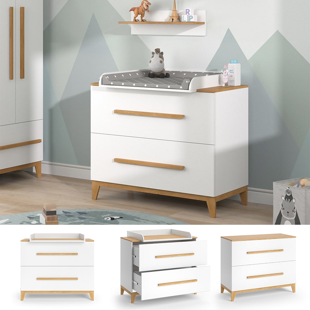 VitaliSpa Wickelkommode Wickeltisch Wickelschrank Malia Wei&szlig; Eiche modern 108x90 cm Kinderzimmer M&ouml;bel Babym&ouml;bel Wickelaufsatz Wickelauflage Schublade Wickelkombi 