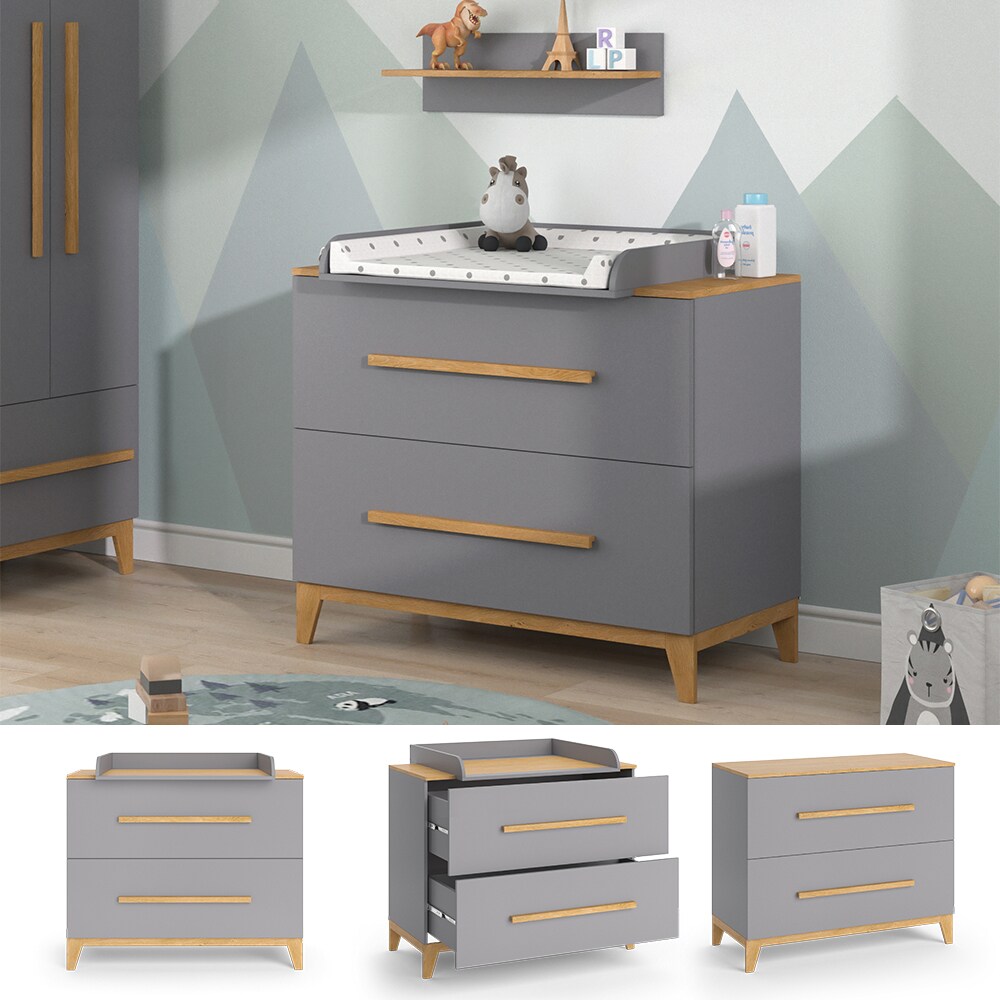 VitaliSpa Wickelkommode Wickeltisch Wickelschrank Malia Grau Eiche modern 108x90 cm Kinderzimmer M&ouml;bel Babym&ouml;bel Wickelaufsatz Wickelauflage Schublade Wickelkombi 