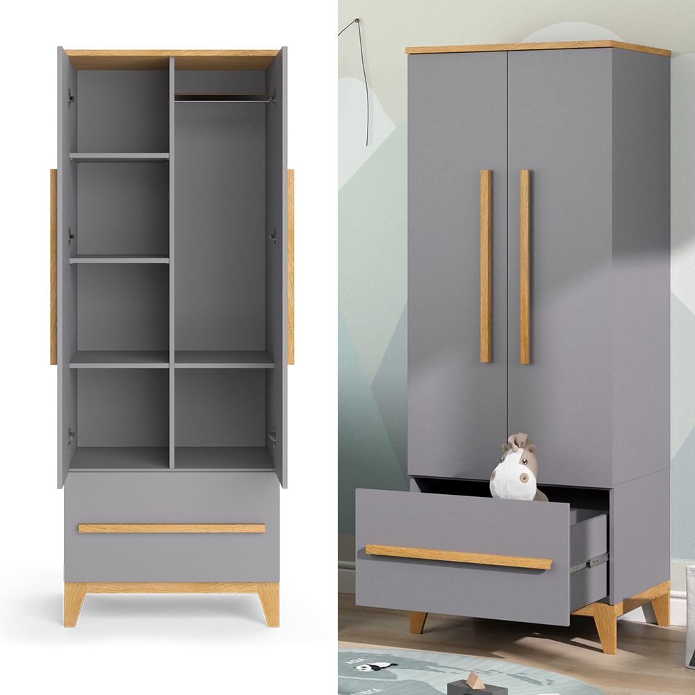 VitaliSpa Kleiderschrank Kinderzimmerschrank Aufbewahrungsschrank Malia Grau Eiche modern 70x187 cm Kinderzimmer M&ouml;bel Babym&ouml;bel Schublade T&uuml;r Fach Kleiderstange Ablage Babyzimmerschrank 